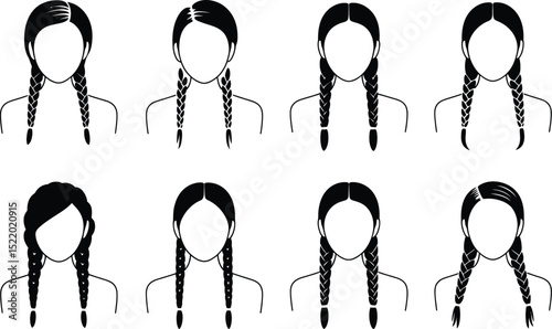 Black and white vector illustration of various women's hairstyles including different braid styles for graphic design purposes
