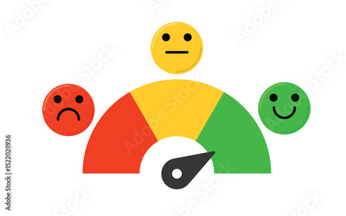 Customer Satisfaction Meter. Colorful Feedback Gauge with Happy, Neutral, and Sad Faces Indicator. Rating Scale for Review, Survey, or User Experience Evaluation on White Background.