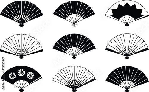 Collection of black and white decorative hand fans in various traditional designs presented on a white background