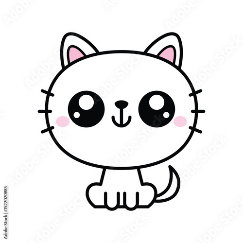 Smiling White Kitten with Pink Cheeks Sitting. Cute Animal Character in Cartoon Style Vector Illustration.