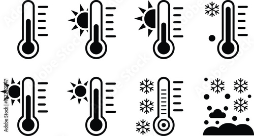 Black and white weather thermometer icons depicting hot sunny conditions and cold snowy weather for graphic design and meteorology