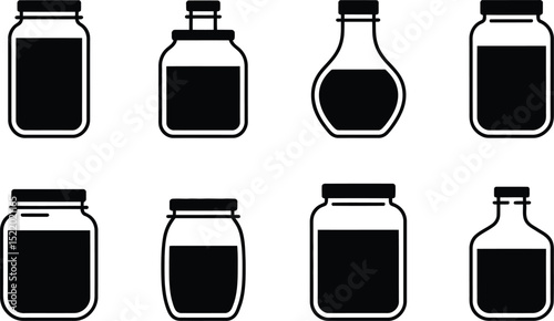 Set of minimalist vector illustrations featuring various jar shapes filled with liquid for food and beverage concepts
