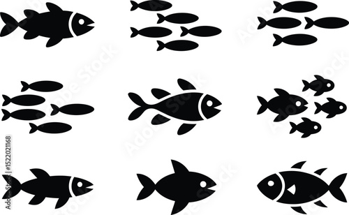 Black silhouette fish icons representing sea life and aquatic creatures with single isolated examples and groups in simple graphics.