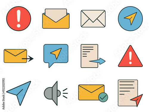 Flat Vector Icons Representing Email, Message Sending, Navigation Arrows, and Notification Alerts