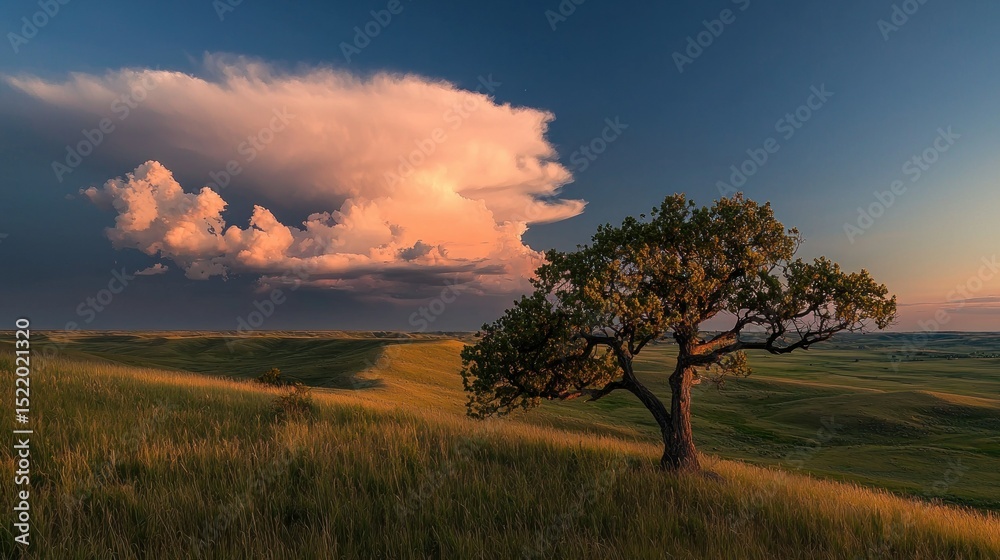 Fototapeta premium A solitary tree stands beneath a dramatic cloudscape at sunset