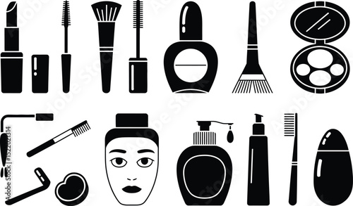 A collection of black and white cosmetic and beauty products featuring makeup tools and facial cleansing items