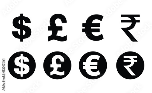 Global Currency Symbols - Dollar, Pound, Euro, Rupee Black Icons