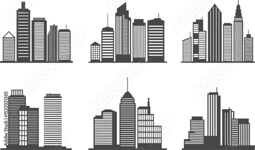 Vector illustration of various modern cityscape silhouettes depicting urban architecture and skyline scenes with buildings