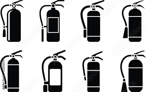 Black and white fire extinguisher silhouettes representing fire safety and emergency protection in a professional arrangement
