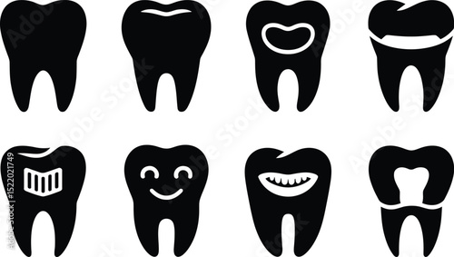 Set of black and white tooth icons with diverse designs representing dental health and various conditions for healthcare and dentistry concepts.