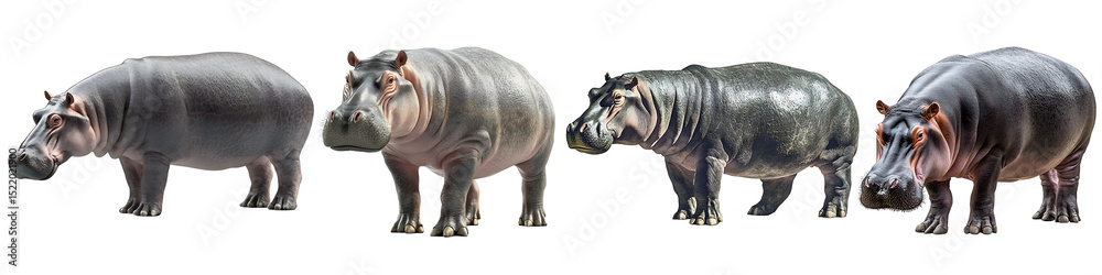 Fototapeta premium Set of a hippopotamus, isolated on a transparent background.