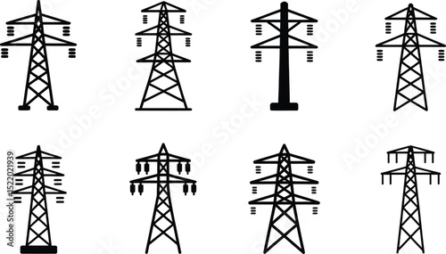 Collection of modern power pylons isolated on white background depicting energy transmission and electrical supply structures