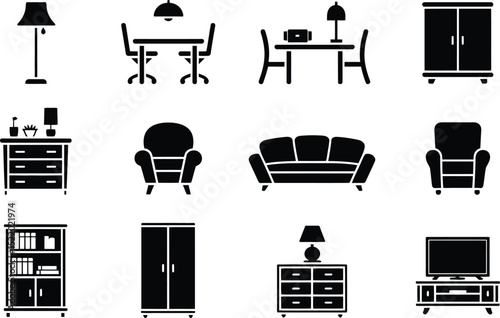 Collection of stylish black furniture icons featuring various pieces for interior design and home decoration elements.