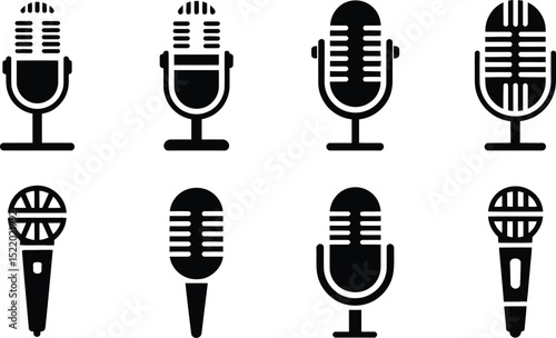 Collection of eight black and white microphone icons representing different audio recording and broadcasting equipment