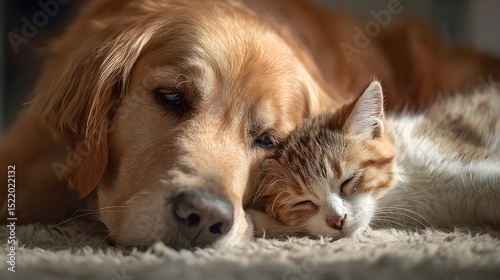 Wallpaper Mural Golden retriever and kitten sharing a quiet moment on a cozy blanket, a heartwarming bond between unlikely friends. Torontodigital.ca