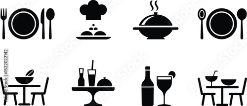 Black and white minimalist restaurant icons depicting various dining essentials like cutlery dishes chef hat and drinks