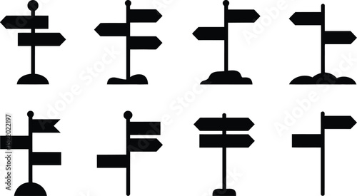 Collection of black and white directional signpost illustrations suitable for navigation concepts and symbolism in graphic design projects