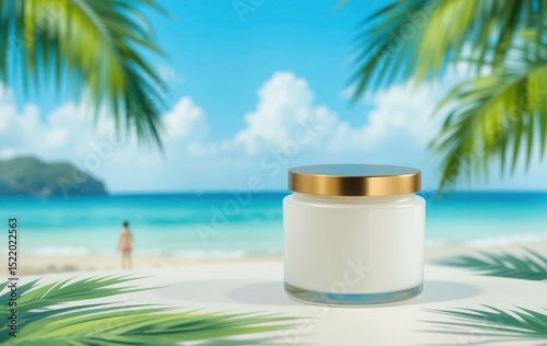 Cream Jar on Tropical Beach with Palm Trees, Sea and Clear Blue Sky Background