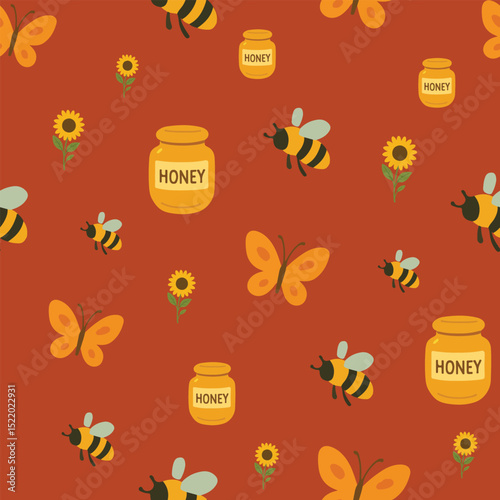Bright Bee Butterfly Sunflower Honey Pattern