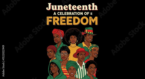 Juneteenth Celebration Poster – African American Freedom Day Illustration with Diverse People in Traditional Attire