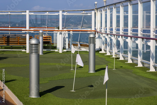 View of a miniature golf course on a cruise ship.
