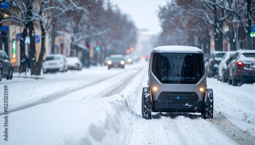 Autonomous Vehicle in Snowy City Street
