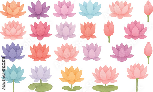 This image showcases a variety of beautifully illustrated lotus flowers in soft pastel shades, perfect for nature-themed designs, patterns, and creative projects