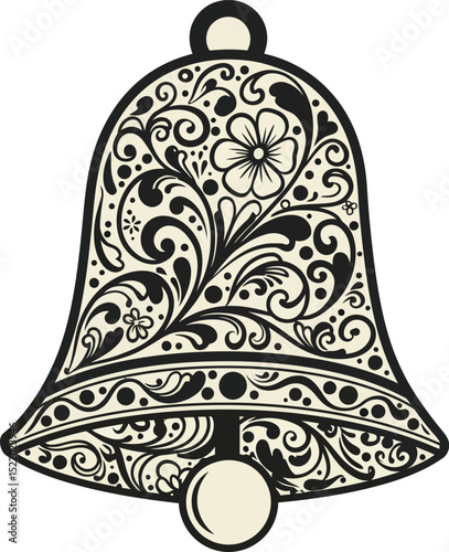 Ornate bell illustration with floral and swirl designs