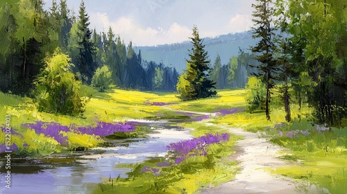 Soothing oil painting of a blooming meadow with vibrant wildflowers and soft brushstrokes, capturing the peaceful essence of nature and ideal for therapeutic and calming environments.

