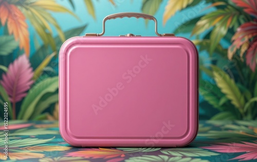 Pink suitcase against a tropical background with vibrant leaves and patterns