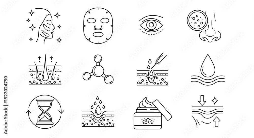 Fototapeta premium Collection of skincare treatment icons featuring facial masks and cosmetic procedures in line art style on transparent background