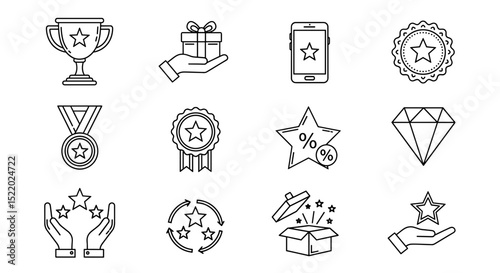 Assortment of outline icons depicting awards, gifts, and achievements in a linear style design on transparent background