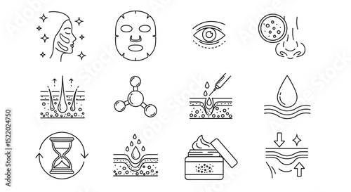Collection of skincare treatment icons featuring facial masks and cosmetic procedures in line art style on transparent background