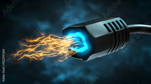 Dynamic black power cable with electric light and sparks representing energy transfer and modern technology