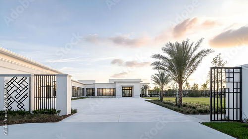 Modern White House Exterior With Gated Driveway And Palm Trees