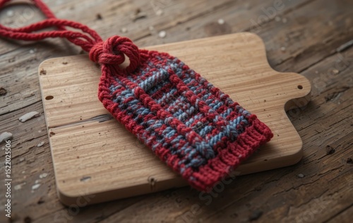 Handmade knitted tag with red thread and wooden cutting board background