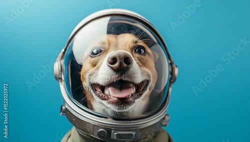 Happy dog wearing astronaut helmet against blue background