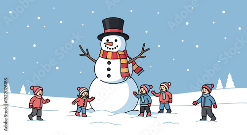 Joyful Children Building a Gigantic Snowman in a Snowy Winter Wonderland