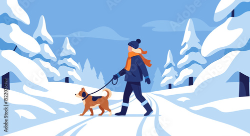 Winter Wonderland Person Walking Dog on Snowy Path