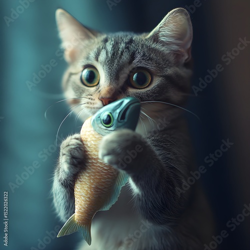 Playful kitten holding a toy fish, showcasing a cute and curious expression. feline mischief concept photo