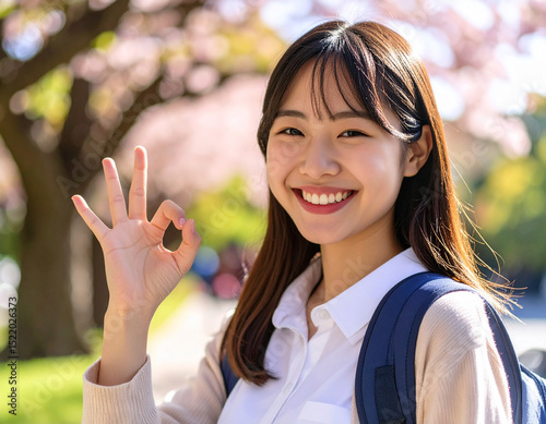 オーケーサインをする若い女性/
young woman giving okay sign