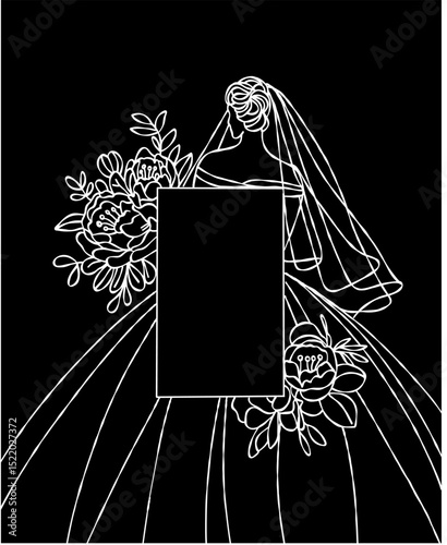 Bride in flowing gown with floral details and veil stands gracefully, holding rectangular frame. elegant line art on transparency background creates sophisticated and timeless design