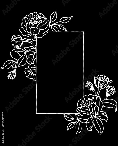 Elegant floral frame with intricate white flowers and leaves on black background, perfect for wedding invitations or announcements. design features rectangular space for text
