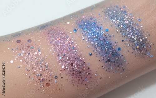 Close-up of a person's arm with different glitter swatches for makeup testing