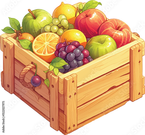 Vibrant fruit box display farm market illustration nature setting top-down view fresh produce concept