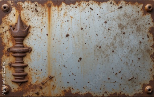 Rusty Metal Plate with Decorative Element and Rivets: Texture and Industrial Design
