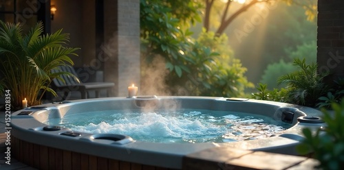 Steam rises from a luxurious hot tub, surrounded by lush greenery and soft lighting, creating a serene and tranquil atmosphere perfect for ultimate relaxation , heat, rest, healing