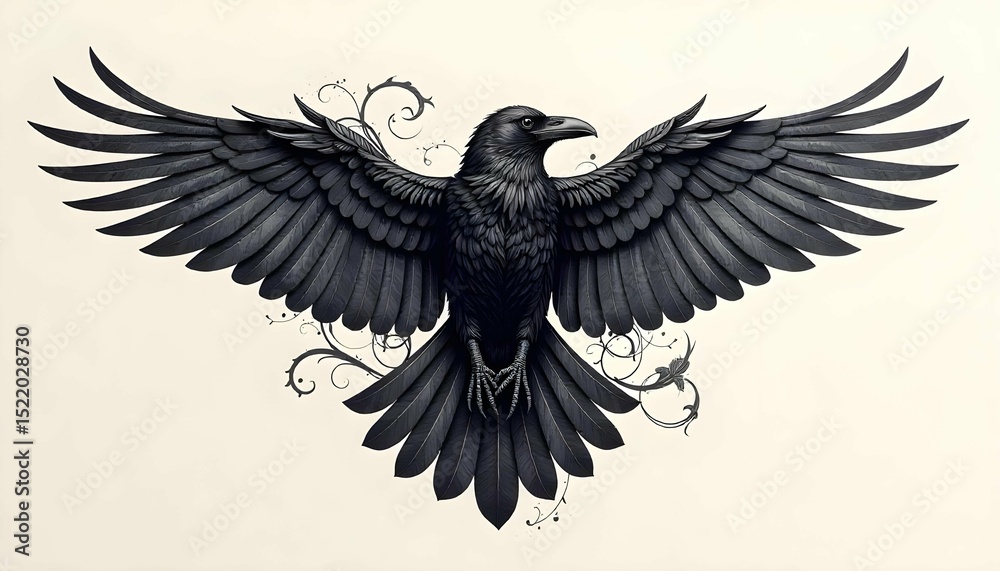 Fototapeta premium Raven in Flight Tattoo Design