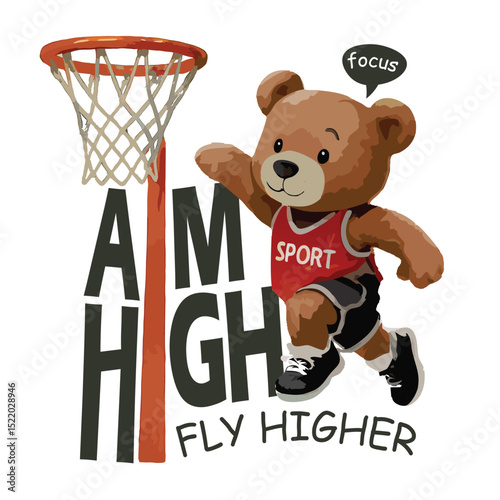 Sporty Teddy Bear Basketball Vector Illustration on White Background