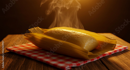 Warm, freshly cooked food wrapped in leaves, steaming on a checkered cloth, placed on a wooden table against a dark backdrop. photo